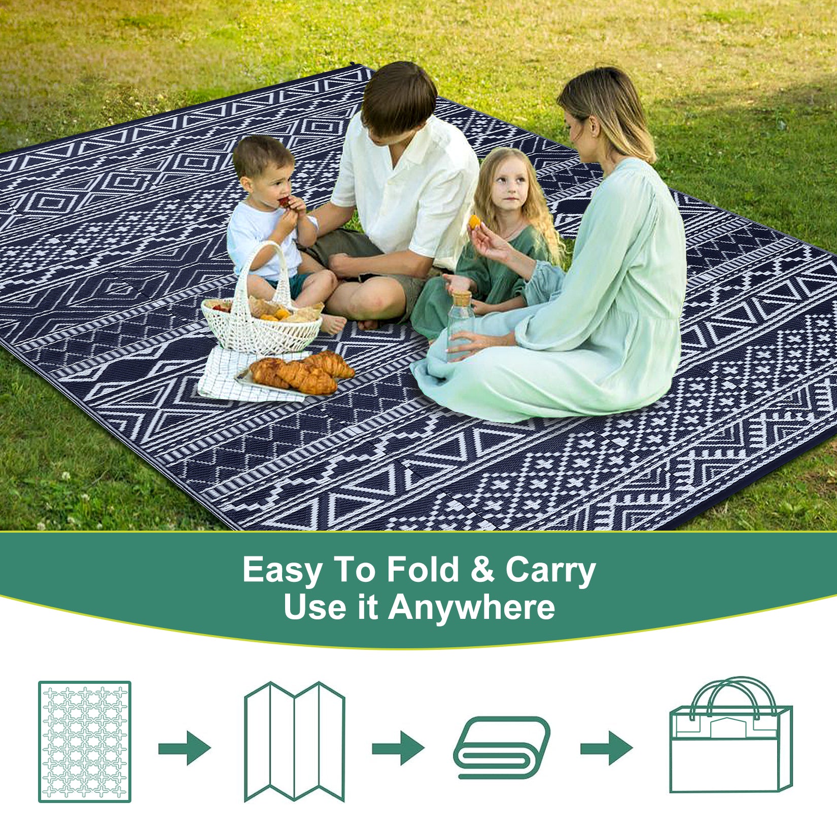 Garvee Outdoor Navy Blue & White 6x9 Reversible Rug, Modern Bohemian Style, Weatherproof, Durable PP Plastic, Easy to Clean, Portable, Perfect for Patio, Deck, Backyard