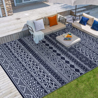 Garvee Outdoor Navy Blue & White 9x18 Reversible Rug, Waterproof Mat, Modern Bohemian Style, PP Plastic, Weatherproof, Easy to Clean, Black&Navy, for Camping, Patio, RV