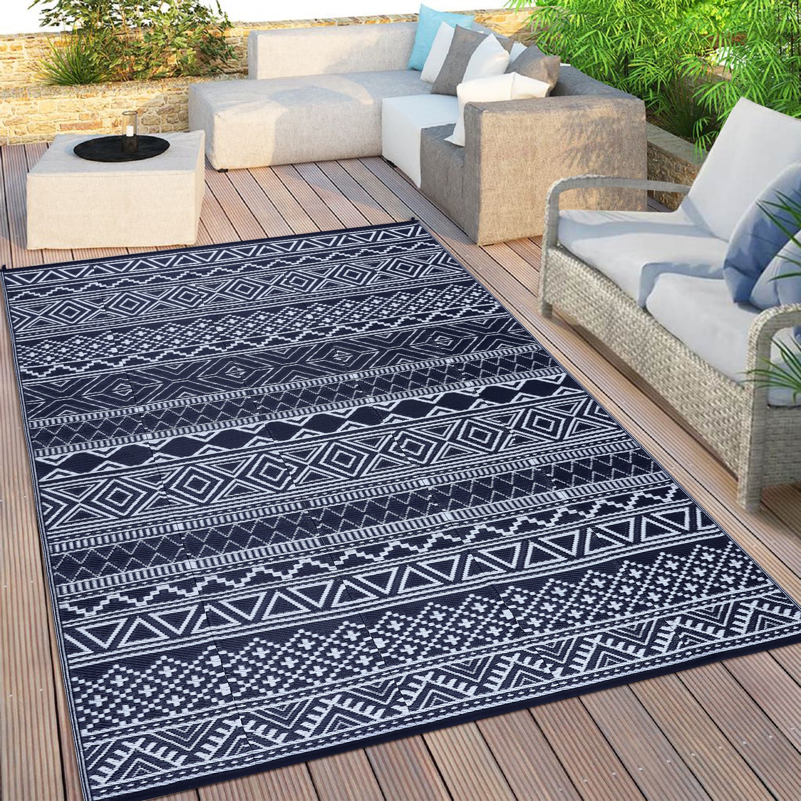 Garvee Outdoor Navy Blue & White 9x18 Reversible Rug, Waterproof Mat, Modern Bohemian Style, PP Plastic, Weatherproof, Easy to Clean, Black&Navy, for Camping, Patio, RV