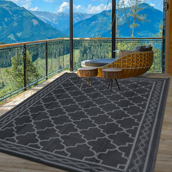 Garvee Outdoor Black Grey 5x8 Waterproof Reversible Mat for Patio Clearance Camping RV Plastic Straw Rug Outside Indoor Outdoor Area Rug Moroccan Print Rug for Backyard, Deck, Picnic, Porch
