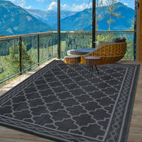 Garvee Outdoor Black Grey 5x8 Waterproof Reversible Mat for Patio Clearance Camping RV Plastic Straw Rug Outside Indoor Outdoor Area Rug Moroccan Print Rug for Backyard, Deck, Picnic, Porch