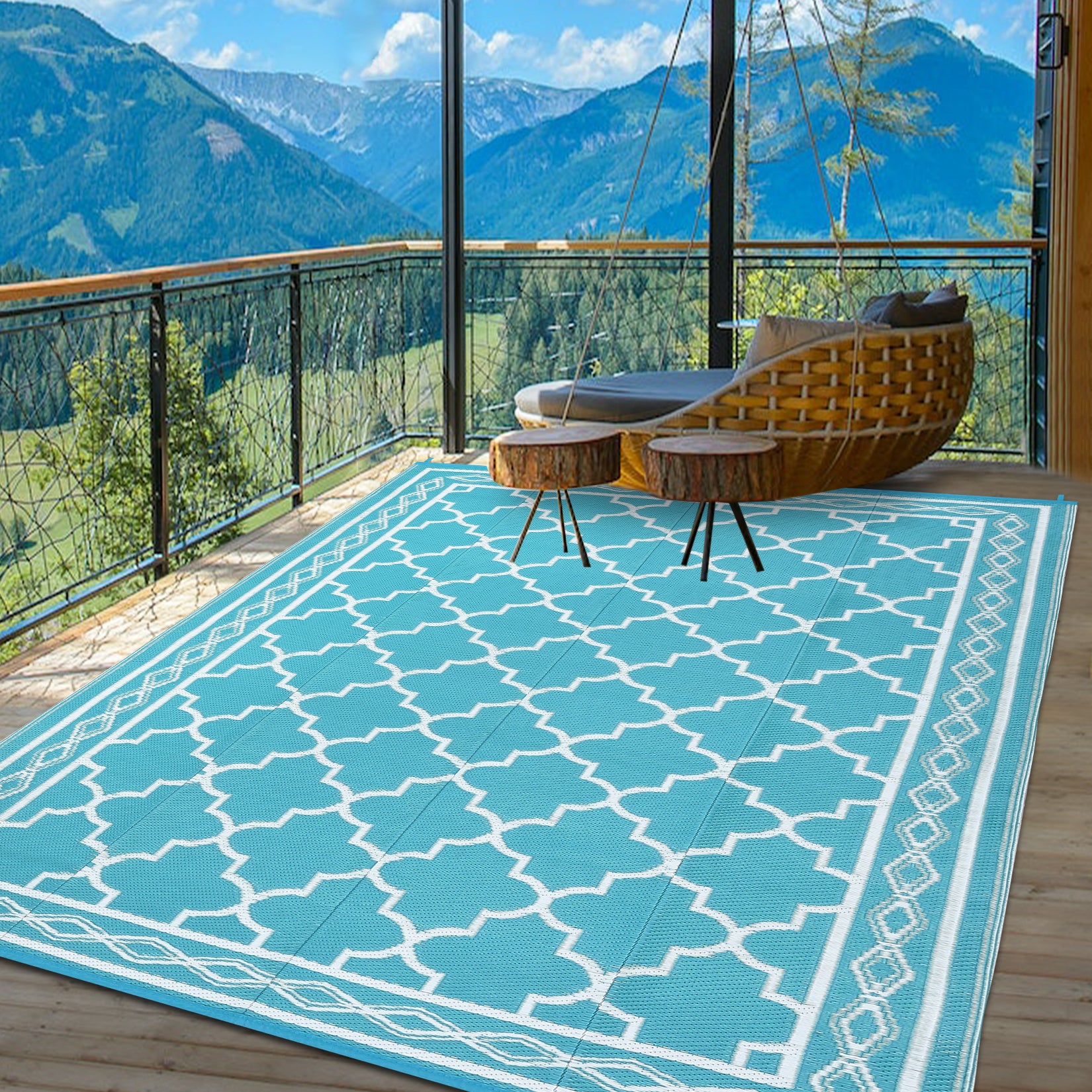 Garvee Outdoor Light Blue 5x8 Waterproof Rug – Plastic Straw Moroccan Rug for Patio, Camping, Picnic, Backyard, Deck, Balcony, or Porch