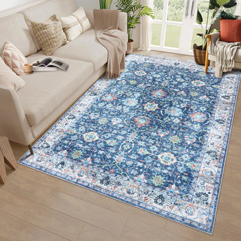 Garvee Area Rug 9x12 Rugs for Living Room,Vintage Rug for Living Room Bedroom Dinning Room,Boho Distressed Tribal Area Rug,Low Pile Non-Slip Washable Indoor Door Mat for Kitchen Entryway Bathroom Blue