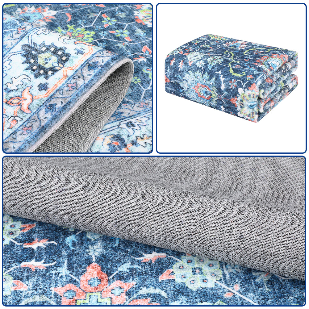 Garvee Area Rug 4x6 Rugs for Living Room,Vintage Rug for Living Room Bedroom Dinning Room,Boho Distressed Tribal Area Rug,Low Pile Non-Slip Washable Indoor Door Mat for Kitchen Entryway Bathroom Blue
