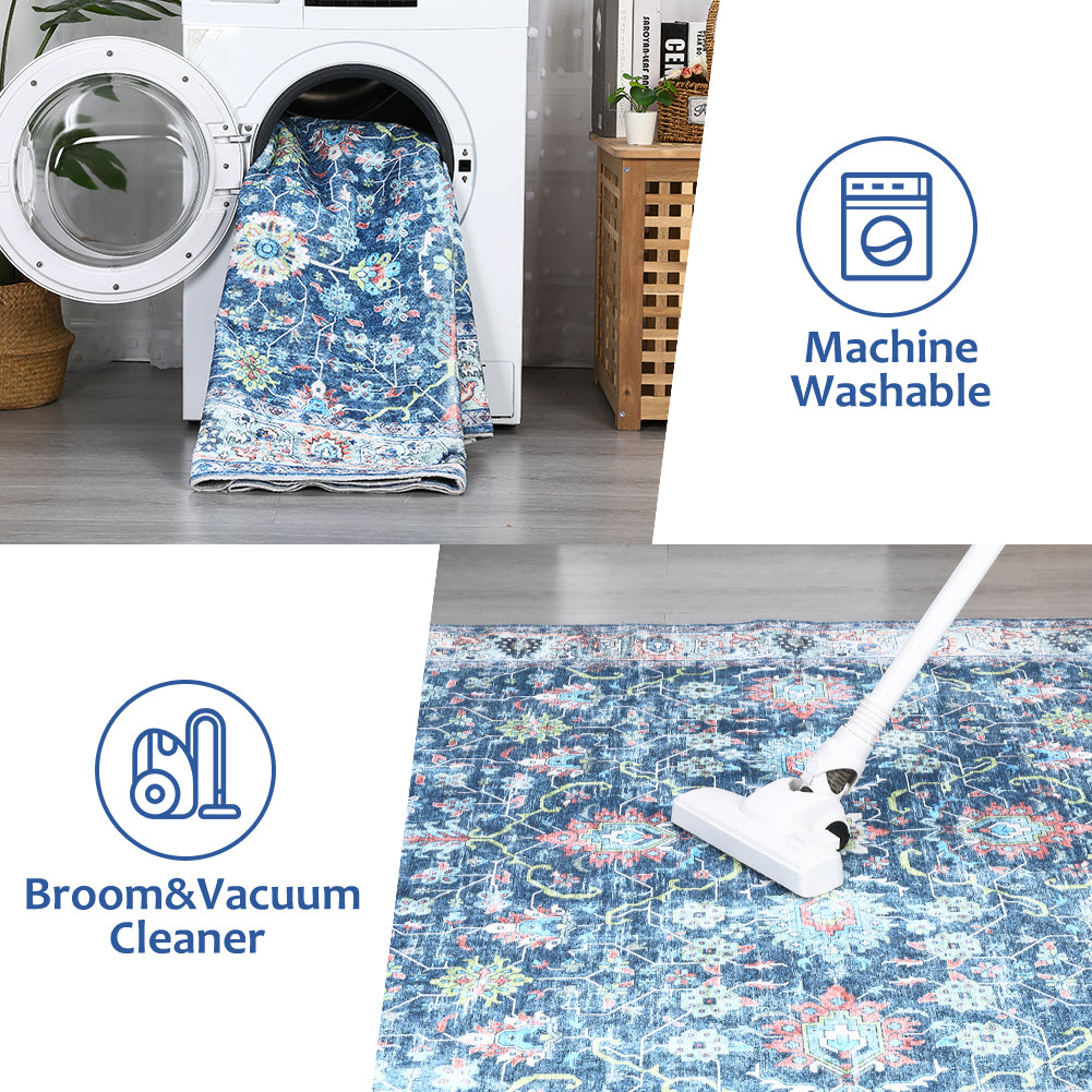 Garvee Area Rug 4x6 Rugs for Living Room,Vintage Rug for Living Room Bedroom Dinning Room,Boho Distressed Tribal Area Rug,Low Pile Non-Slip Washable Indoor Door Mat for Kitchen Entryway Bathroom Blue