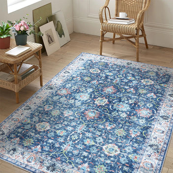Garvee Area Rug 4x6 Rugs for Living Room,Vintage Rug for Living Room Bedroom Dinning Room,Boho Distressed Tribal Area Rug,Low Pile Non-Slip Washable Indoor Door Mat for Kitchen Entryway Bathroom Blue