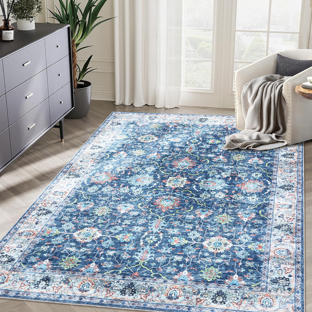 Garvee Area Rug 6x9 Rugs for Living Room,Vintage Rug for Living Room Bedroom Dinning Room,Boho Distressed Tribal Area Rug,Low Pile Non-Slip Washable Indoor Door Mat for Kitchen Entryway Bathroom Blue