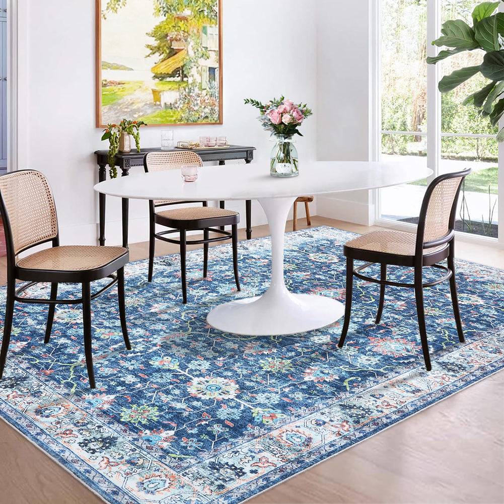 Garvee Area Rug 8x10 Rugs for Living Room,Vintage Rug for Living Room Bedroom Dinning Room,Boho Distressed Tribal Area Rug,Low Pile Non-Slip Washable Indoor Door Mat for Kitchen Entryway Bathroom Blue