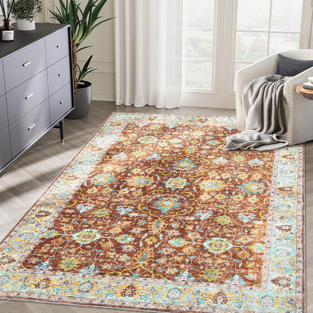 Garvee Area Rug 8x10 Rugs for Living Room,Vintage Rug for Living Room Bedroom Dinning Room,Boho Distressed Tribal Area Rug,Low Pile Non-Slip Washable Indoor Door Mat for Kitchen Entryway Bathroom