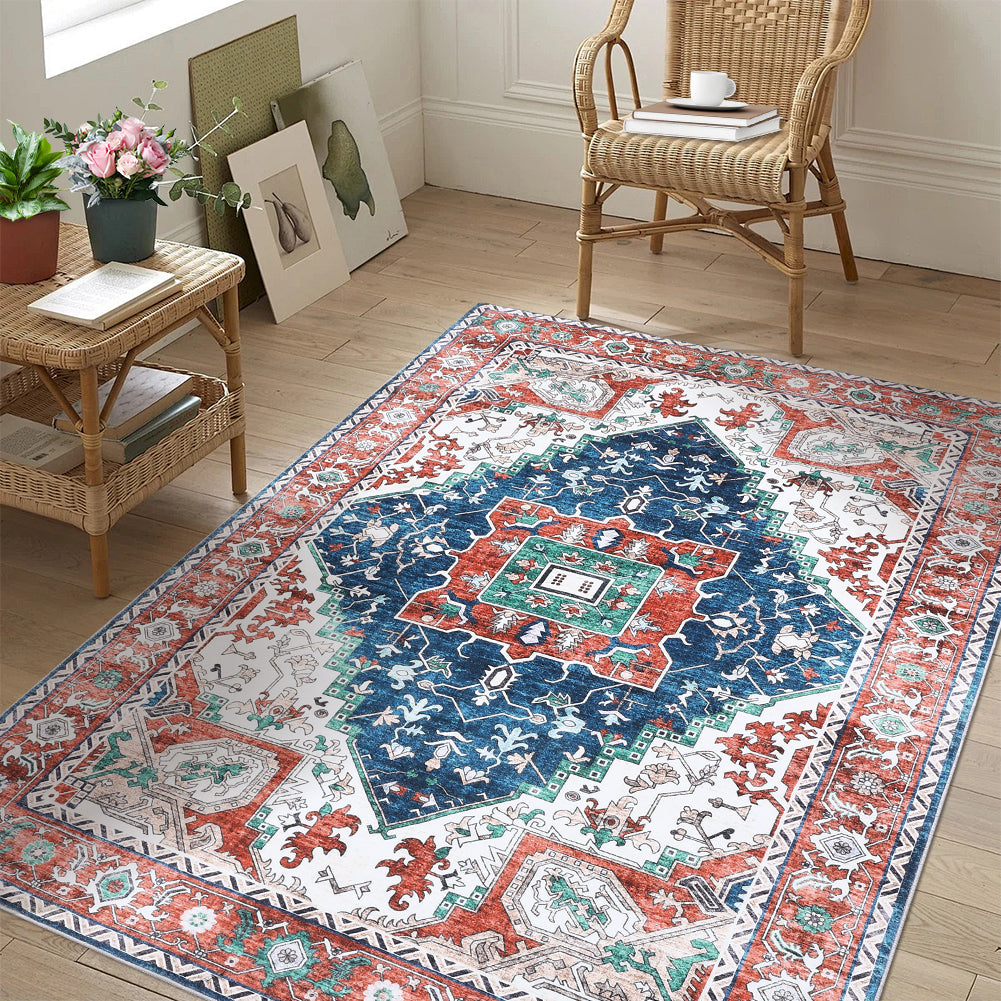 Garvee Oriental Red 4x6 Vintage Boho Area Rug, Distressed Tribal Low Pile Non-Slip Washable Carpet for Living Room Bedroom Dining Kitchen Entryway