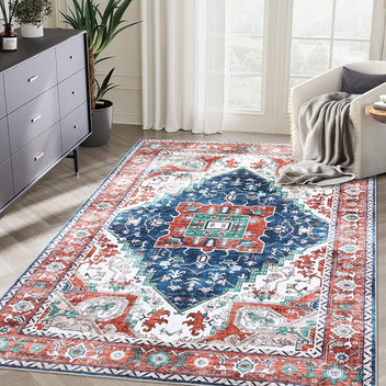 Garvee Oriental Red 6x9 Vintage Boho Area Rug, Distressed Tribal Low Pile Non-Slip Washable Carpet for Living Room Bedroom Dining Kitchen Entryway