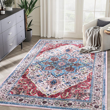 Garvee Area Rug 9x12 Rugs for Living Room,Vintage Rug for Living Room Bedroom Dinning Room,Boho Distressed Tribal Area Rug,Low Pile Non-Slip Washable Indoor Door Mat for Kitchen Entryway Bathroom RED