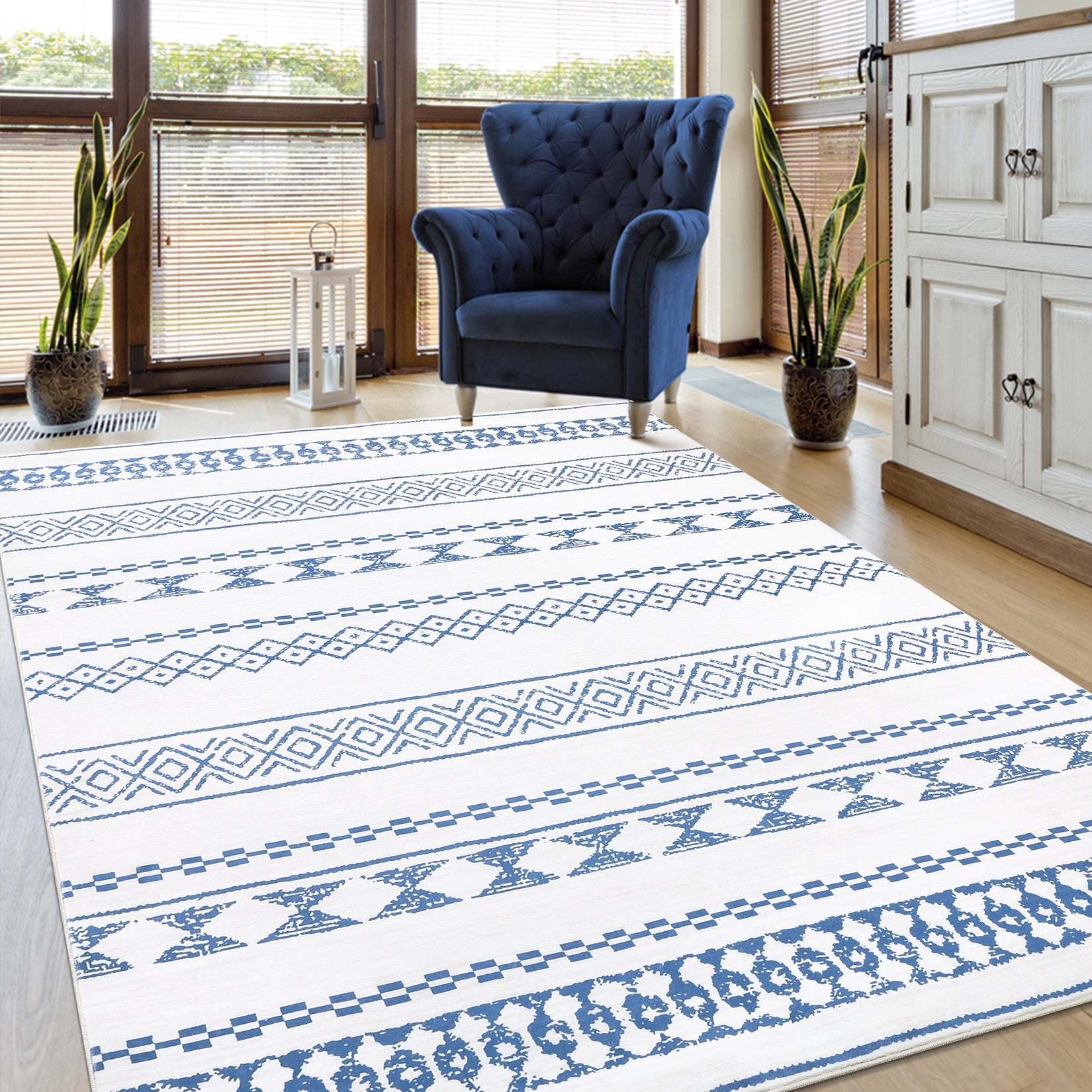 Garvee Boho Blue 8x10 Washable Rug for Living Room Bohemian Farmhouse Area Rug Stain Resistant Area Rug Modern Geometric Area Rug for Bedroom Dining Room Home Office