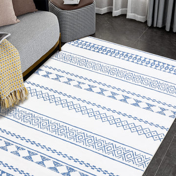 Garvee Boho Blue 9x12 Washable Rug for Living Room Bohemian Farmhouse Area Rug Stain Resistant Area Rug Modern Geometric Area Rug for Bedroom Dining Room Home Office