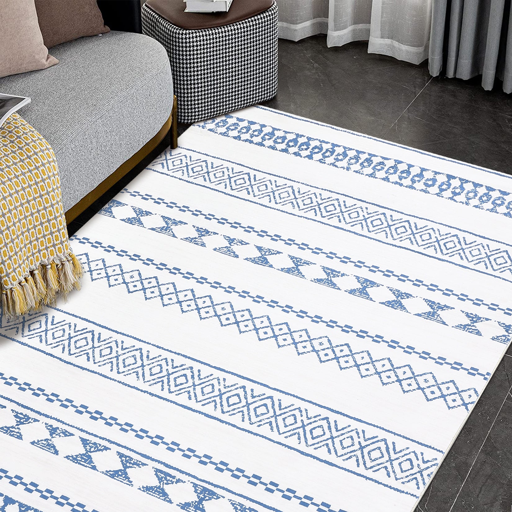 Garvee Boho Blue 9x12 Washable Rug for Living Room Bohemian Farmhouse Area Rug Stain Resistant Area Rug Modern Geometric Area Rug for Bedroom Dining Room Home Office