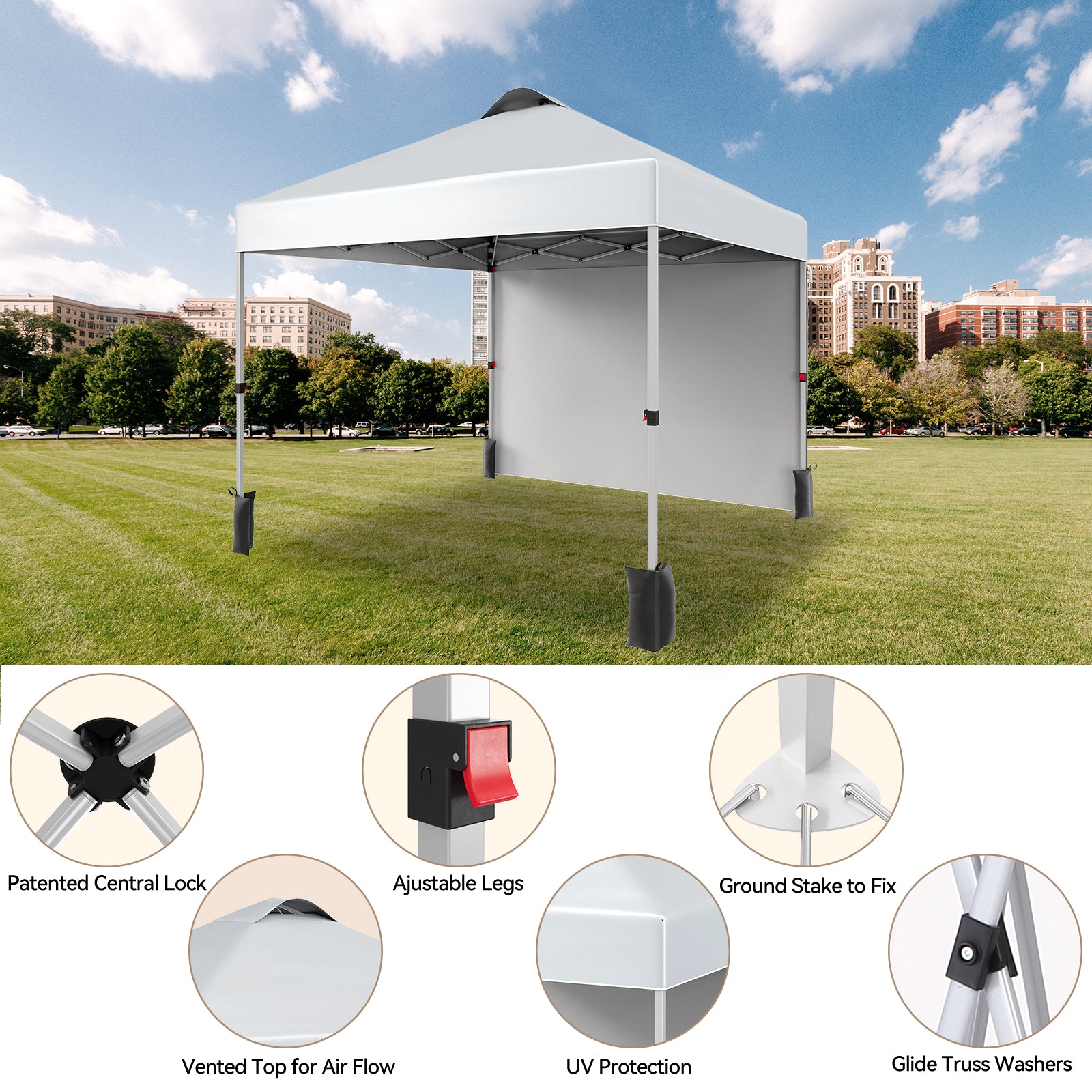 Garvee 10'x10' Commercial Pop-Up Canopy Portable Outdoor Tent with 1 Sidewall, 4 Stakes, Ropes, Weight Bags & Wheel Bag, White
