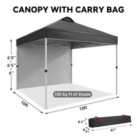 Garvee 10'x10' Pop-Up Patio Tent with Sidewalls Instant Commercial Canopy, Wind Tunnel Design, Includes Wheeled Bag, 4 Sandbags & 8 Stakes, Black