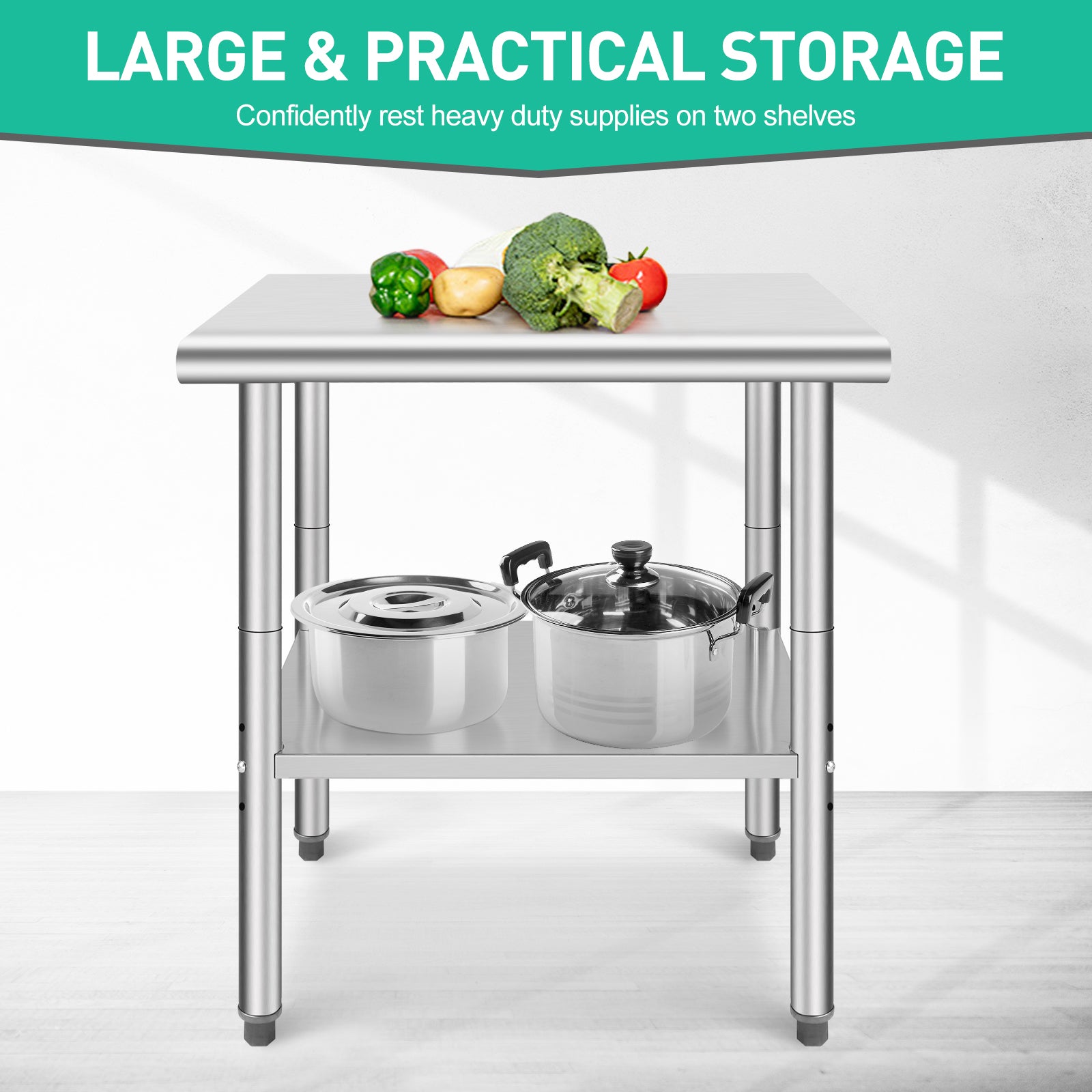 GARVEE 30"L x 24"W x 35"H Stainless Steel Food Prep Table - Heavy-Duty Commercial Kitchen Table with Adjustable Lower Shelf and Plastic Feet for Restaurants, Homes, and Hotels