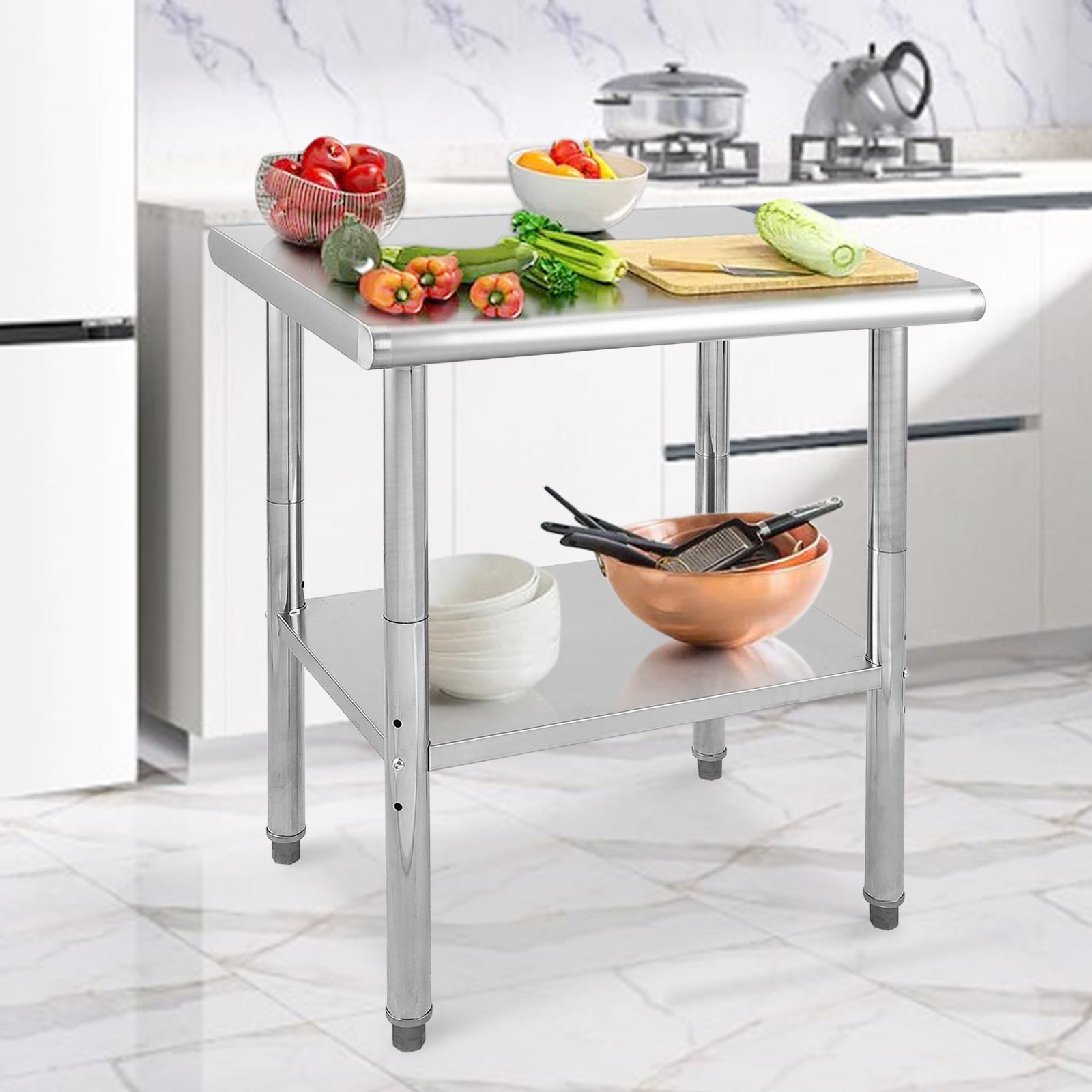 GARVEE 30"L x 24"W x 35"H Stainless Steel Food Prep Table - Heavy-Duty Commercial Kitchen Table with Adjustable Lower Shelf and Plastic Feet for Restaurants, Homes, and Hotels