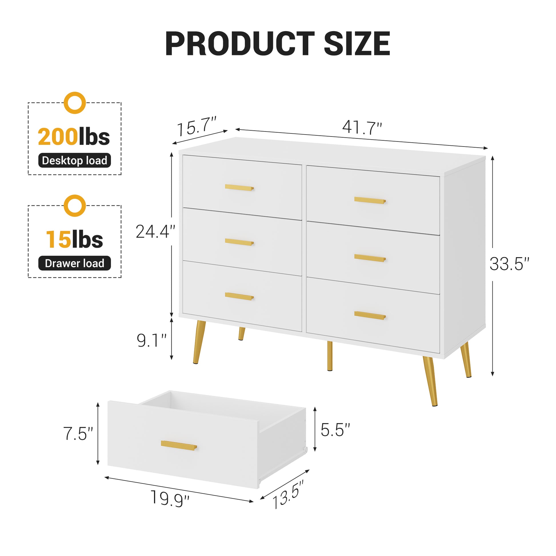 Garvee 6 Drawer Dresser with Storage Space, Modern Wooden Dresser with Gold Handles, Chest Dresser with Deep Drawers for Bedroom, Living Room and Entryway, White