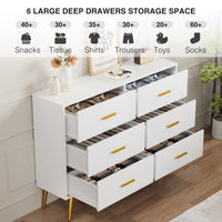 Garvee 6 Drawer Dresser with Storage Space, Modern Wooden Dresser with Gold Handles, Chest Dresser with Deep Drawers for Bedroom, Living Room and Entryway, White