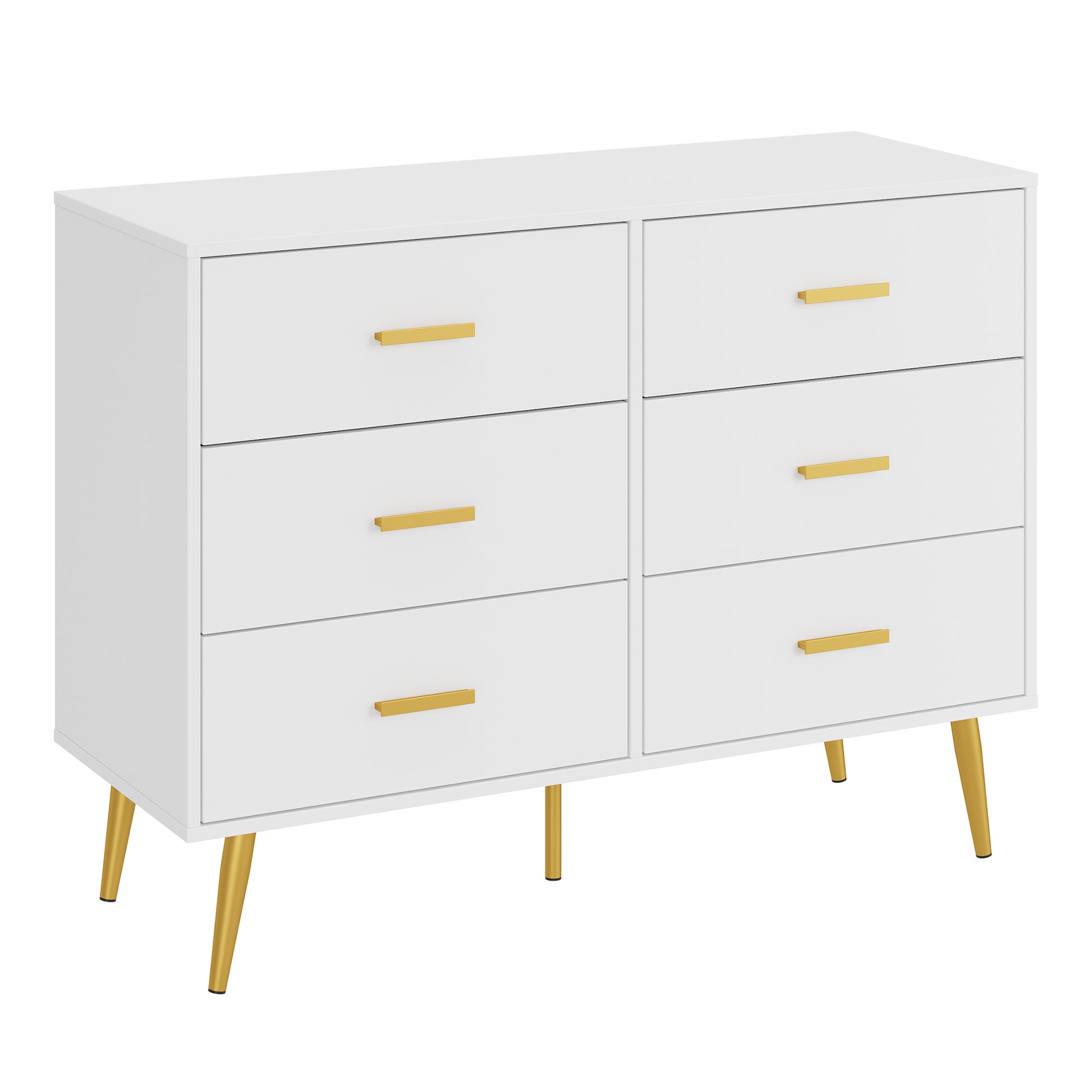 Garvee 6 Drawer Dresser with Storage Space, Modern Wooden Dresser with Gold Handles, Chest Dresser with Deep Drawers for Bedroom, Living Room and Entryway, White