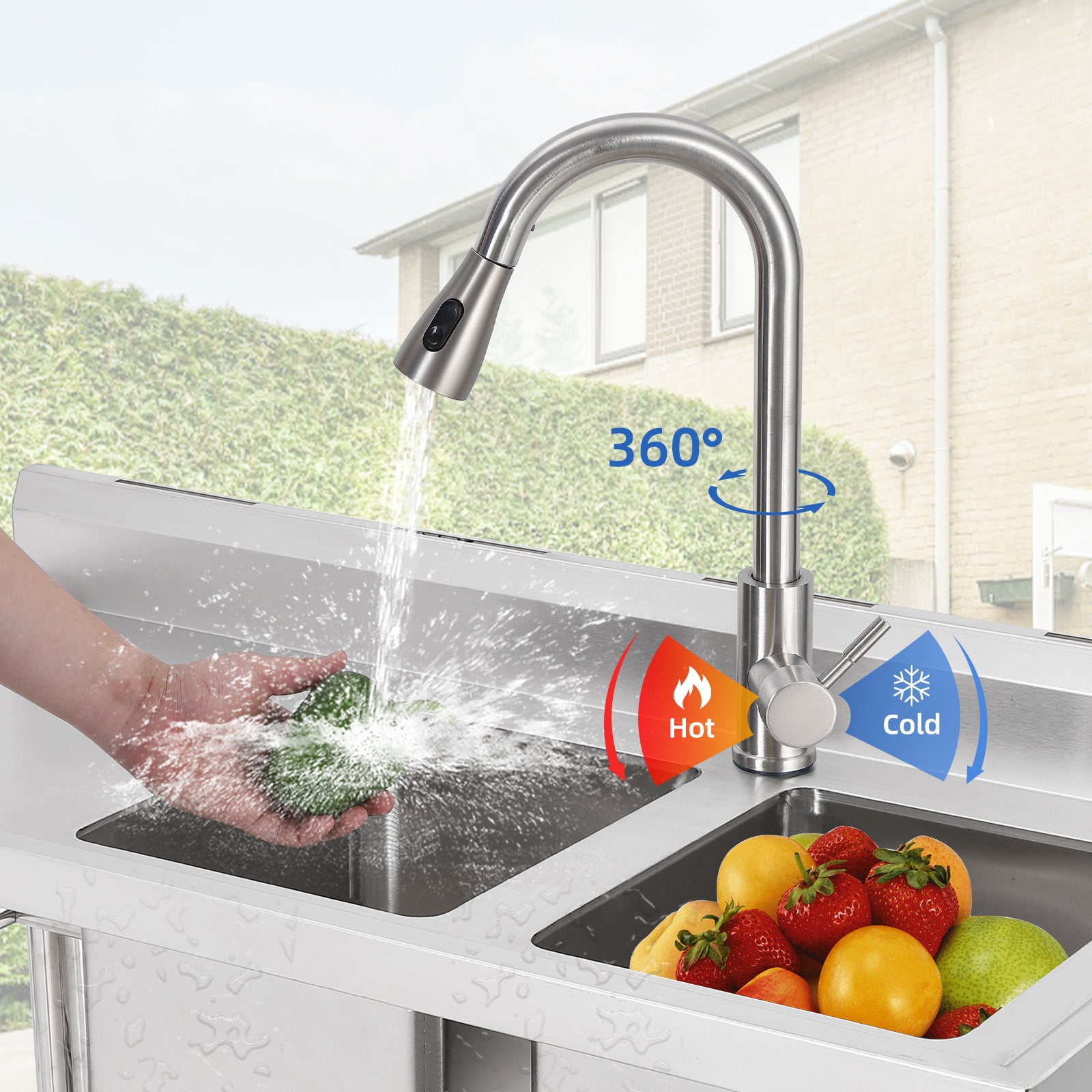 Garvee 39"W x 18"D x 40"H Freestanding 2-Bowl Sink - Stainless Steel Utility Kitchen Sink with Faucet, Drainboard, Workbench, and Storage Shelves for Restaurant, Cafe, Bar, Hotel, Garage, Laundry Room