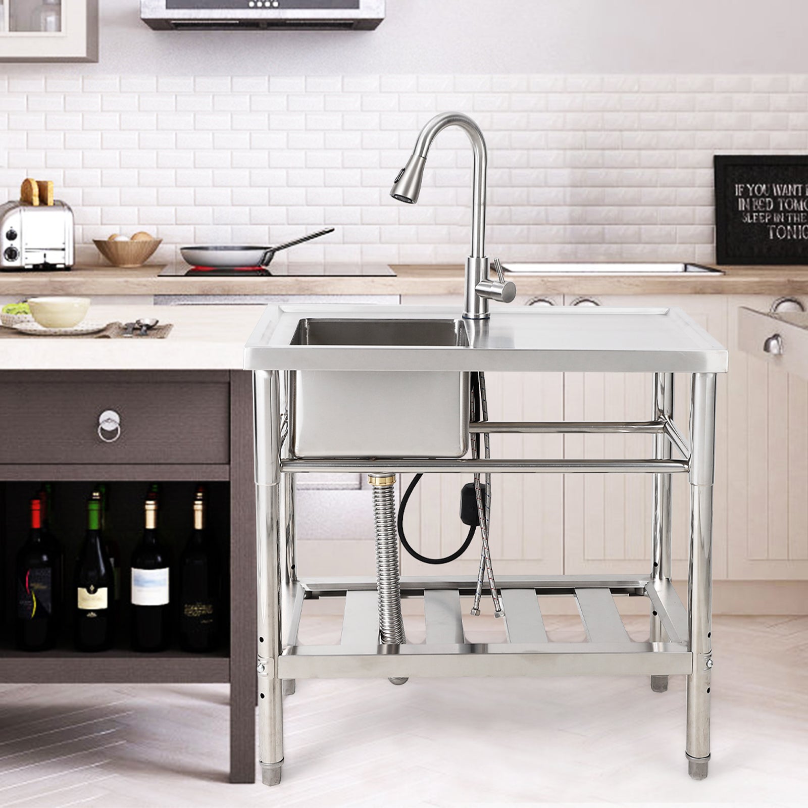 Garvee 30"W x 16"D x 30"H Freestanding Outdoor Utility Sink - Stainless Steel Single Bowl Sink with Faucet, Drainboard, and Storage Shelves for Restaurants, Cafes, Bars, Hotels, Garages, and Laundry Rooms