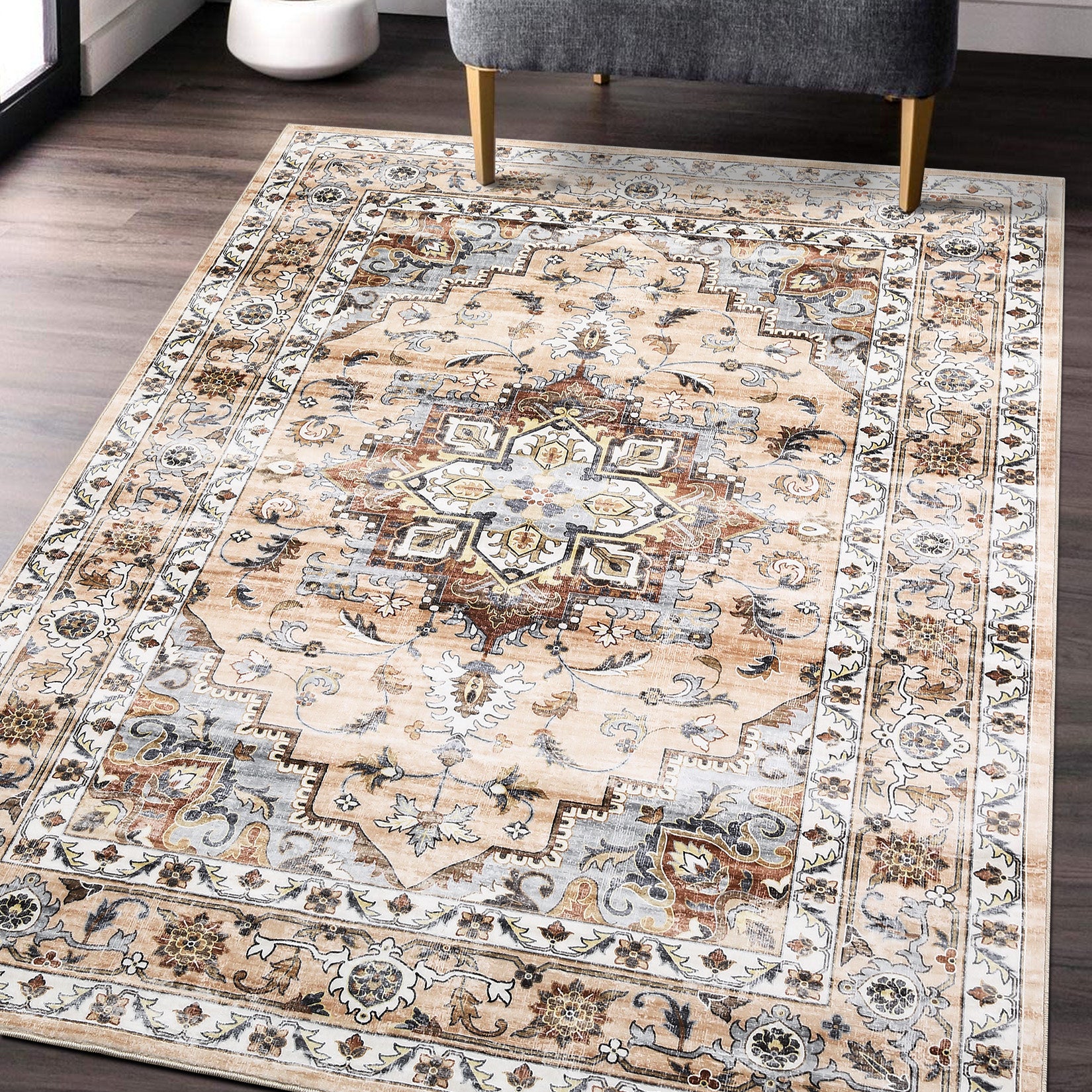 Garvee Oriental Orange 4x6 Traditional Bedroom Rug Machine Washable Non Slip Vintage Rug Indoor Throw Floor Cover Stain Resistant Oriental Accent Rug Carpet Distressed Rug for Living Room Home Decor