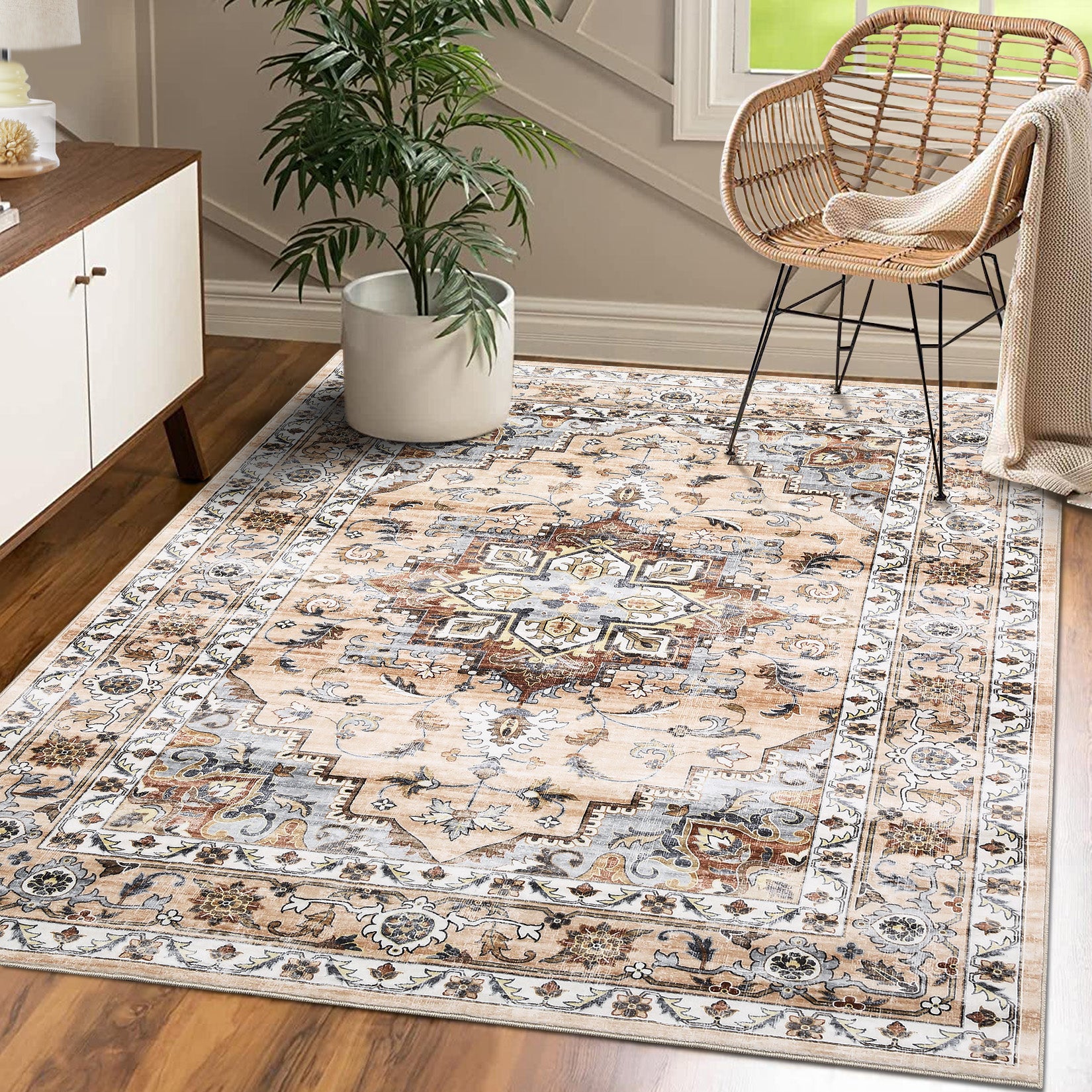 Garvee Oriental Orange 4x6 Traditional Bedroom Rug Machine Washable Non Slip Vintage Rug Indoor Throw Floor Cover Stain Resistant Oriental Accent Rug Carpet Distressed Rug for Living Room Home Decor