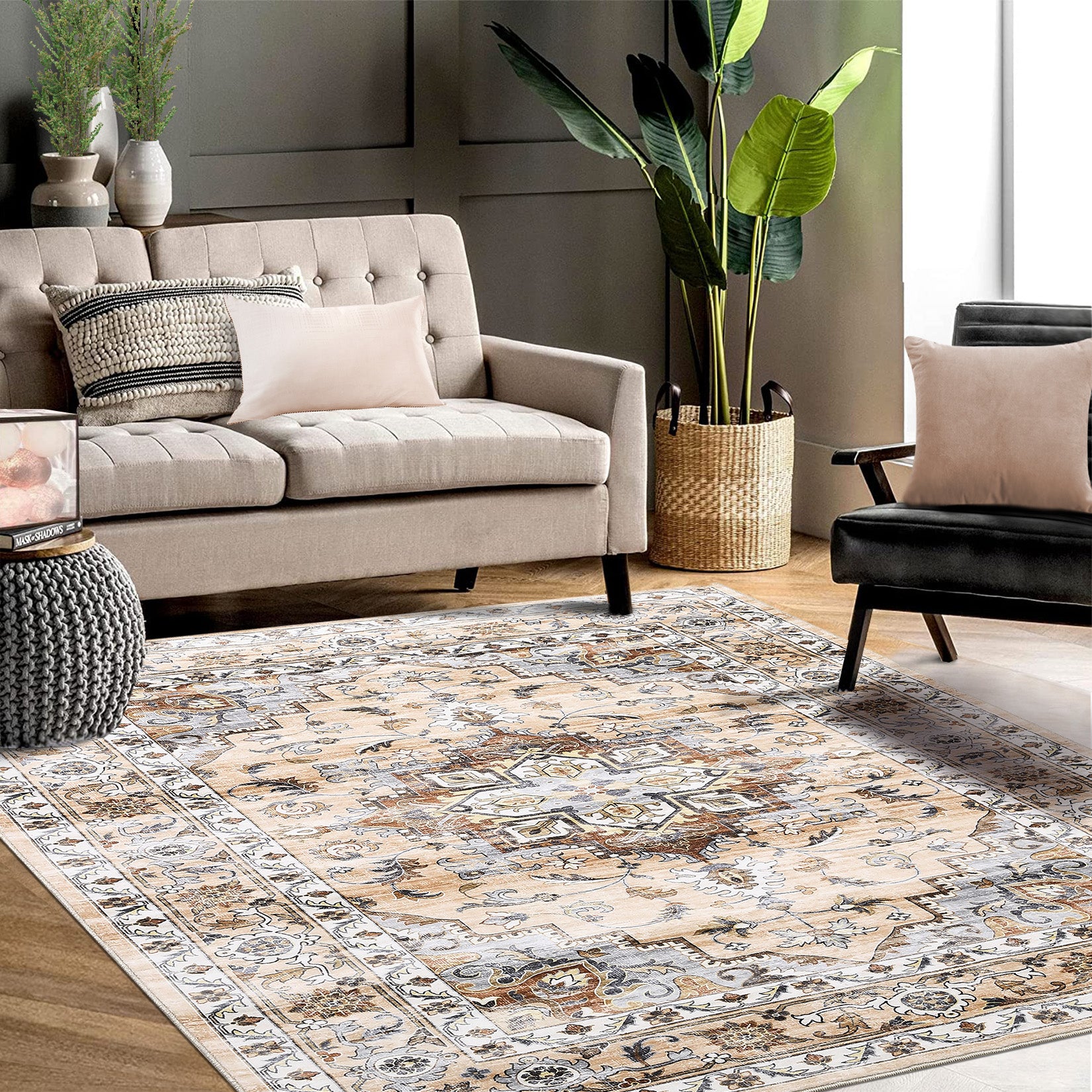 Garvee Oriental Orange 5x7 Machine Washable Rug Bedroom Rug Vintage Distressed Rug with Rubber Backing Stain Resistant Oriental Throw Floor Cover Traditional Rug Carpet for Living Room Dining Room Home