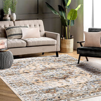 Garvee Oriental Orange 5x7 Machine Washable Rug Bedroom Rug Vintage Distressed Rug with Rubber Backing Stain Resistant Oriental Throw Floor Cover Traditional Rug Carpet for Living Room Dining Room Home