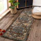 Garvee Boho Tribal Washable Runner Rug 2x6 - Non-Slip, Vintage Distressed - Wool-like Polyester, Stain Resistant - Brown/Green, Entryway/Bathroom - Brown Green