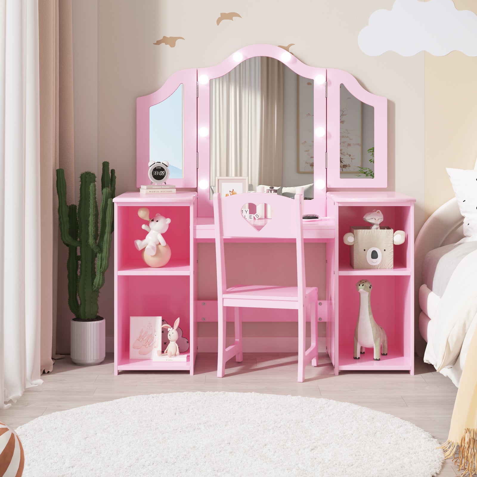 Garvee Kids Vanity Table, Girls Vanity with Touch Light Detachable Tri-Folding Mirror, Open Storage Shelves, Wood Makeup Playset with Chair, Princess Vanity Table for Toddlers - Pink