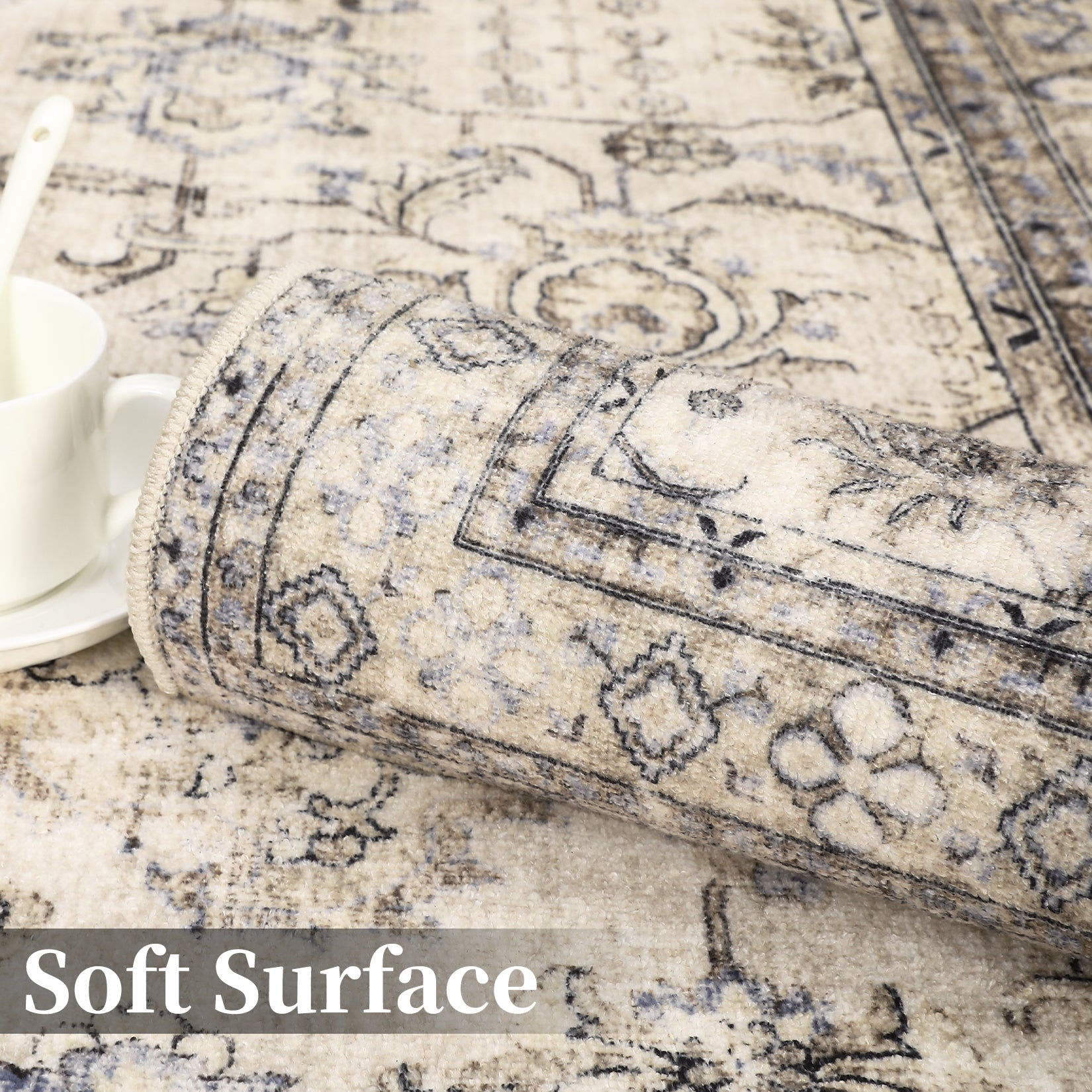 Garvee Persian Antique Beige 6x9 Ultra-Thin Rug, Vintage Floral Distressed Rug Tribal Floral Printed Rug Washable Rug Non Slip Foldable Rug for Living Room Bedroom Nursery Home Office Low Pile Non-Shedding Rug
