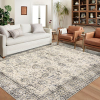 Garvee Persian Antique Beige 6x9 Ultra-Thin Rug, Vintage Floral Distressed Rug Tribal Floral Printed Rug Washable Rug Non Slip Foldable Rug for Living Room Bedroom Nursery Home Office Low Pile Non-Shedding Rug