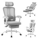 Garvee Ergonomic Office Chair with Adjustable Headrest & Lumbar Support, Retractable Footrest, Mesh Material, Reclining & Swivel, Wheels, Home Office Use, Grey - Grey