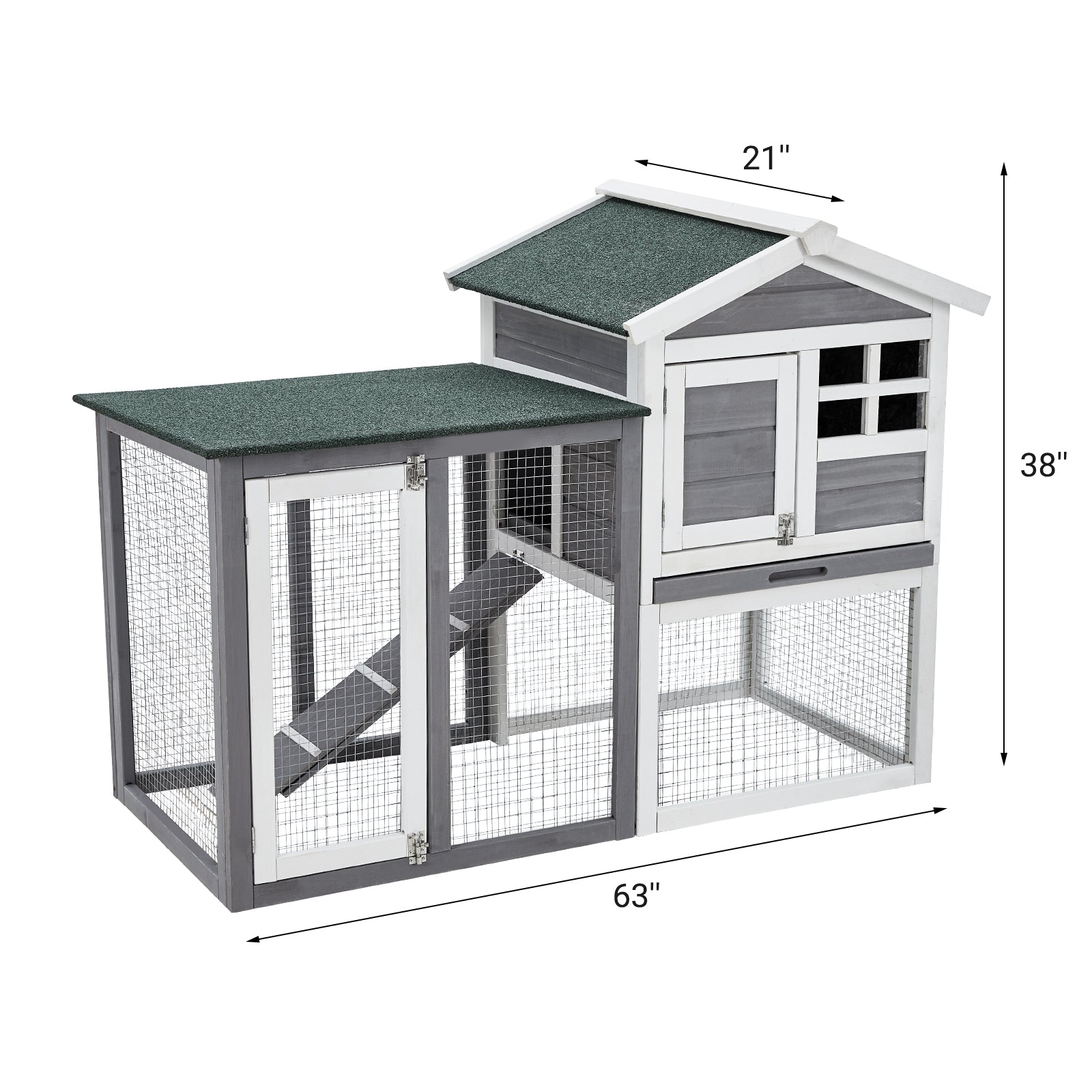 Garvee 63"L Rabbit Hutch Wooden Small Animal Cage with 2 Lockable Doors Weatherproof PVC Roof Removable Tray Green/White Indoor Outdoor