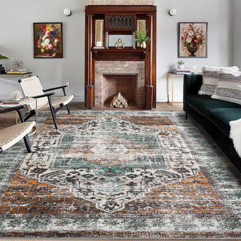 Garvee Oriental Rusty Brown 9x12 Area Rug, Vintage Floral Distressed Carpet Non Slip Indoor Floor Cover Lightweight Thin Rug Washable Rug Low Pile Accent Rug for Living Room Dining Room