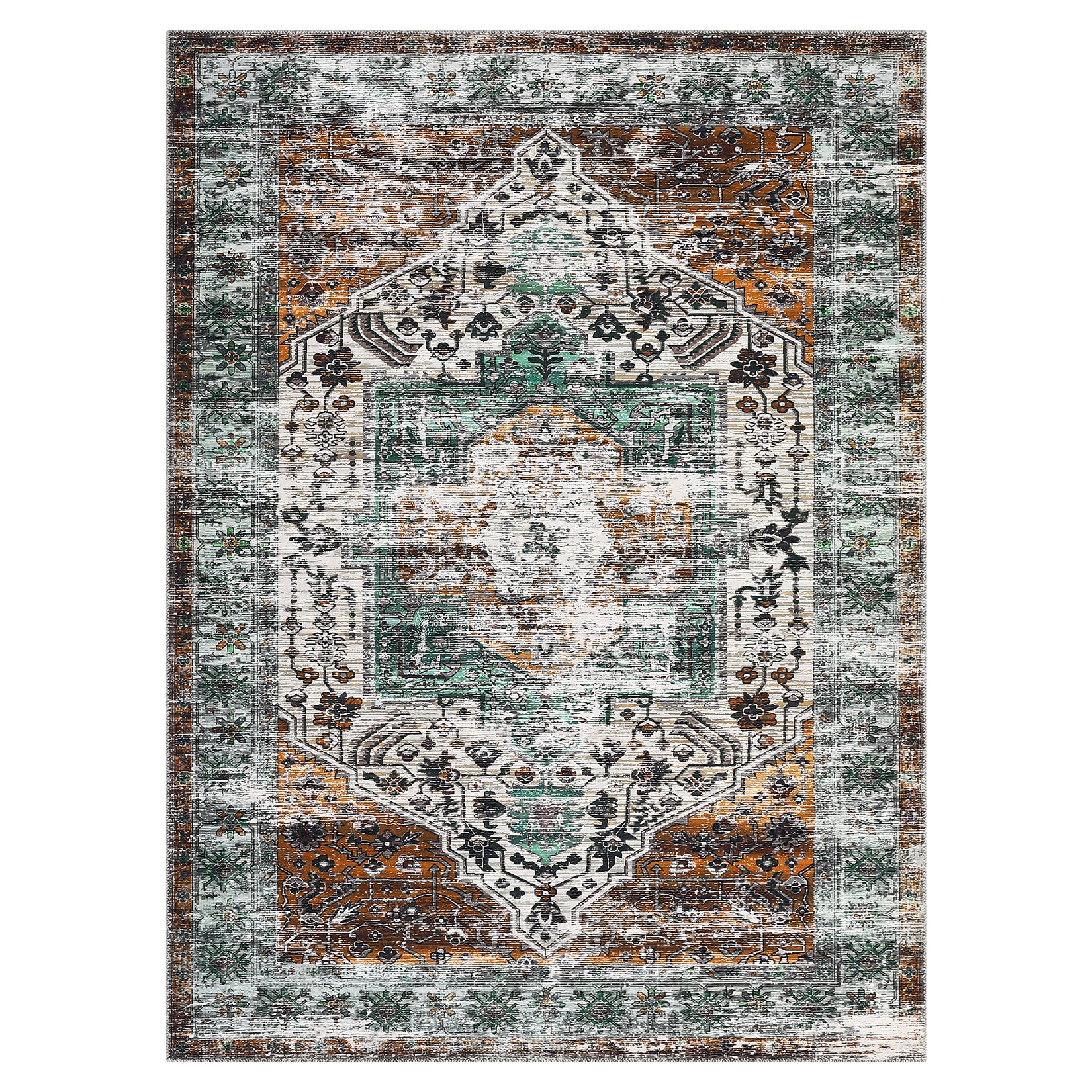 Garvee Oriental Rusty Brown 10x13 Area Rug Living Room Rug Washable Rug Soft Large Area Rug Non-Slip Vintage Distressed Rug for Living Room Bedroom Farmhouse Dining Room Playroom Office, Thin Carpet Medallion Rug