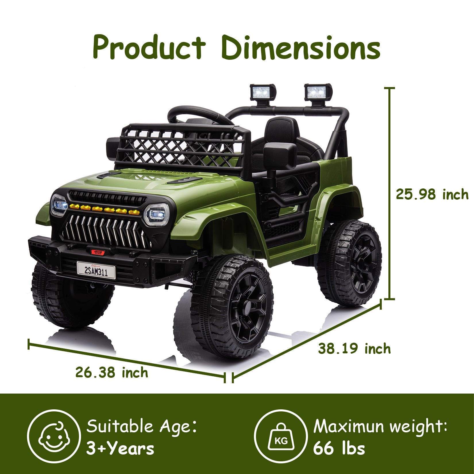 Garvee Ride - P Series: 12V Kids Ride On Truck for Toddles age 3+,with 2.4G Remote Control, Spring Suspension, Battery Display, LED Lights, Music, Battery Powered Ride on Car - Army Green
