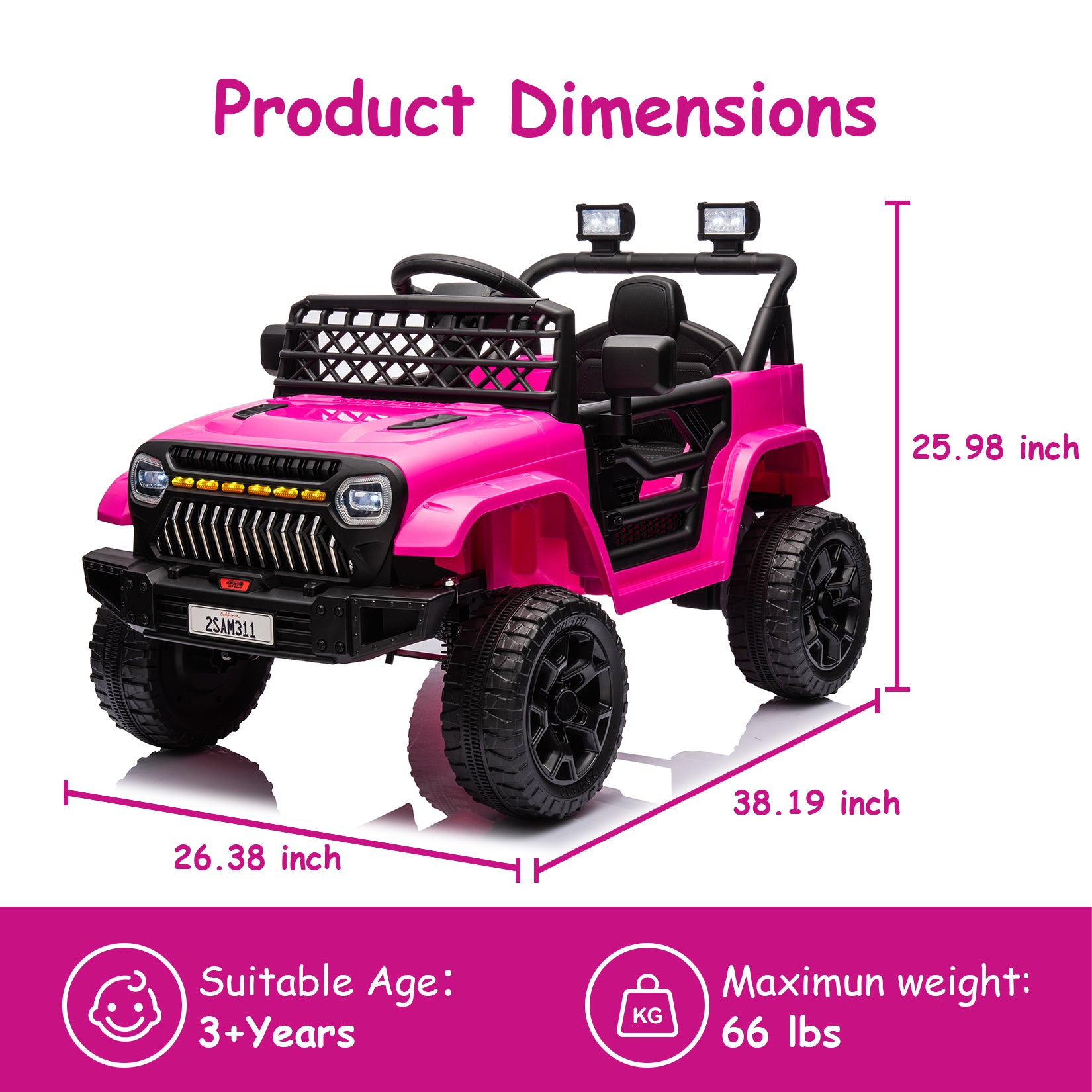 Garvee Ride - P Series: 12V Kids Ride On Truck for Toddles age 3+,with 2.4G Remote Control, Spring Suspension, Battery Display, LED Lights, Music, Battery Powered Ride on Car - Rose Red