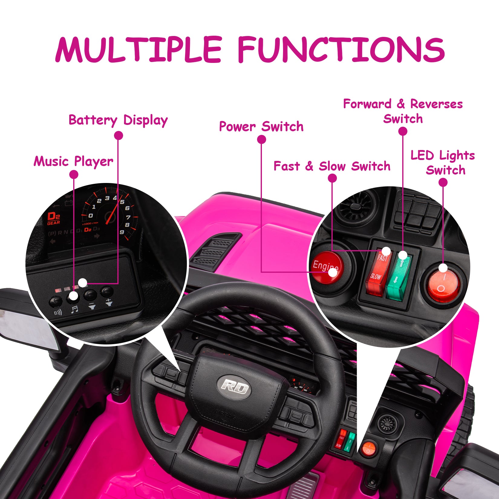 Garvee Ride - P Series: 12V Kids Ride On Truck for Toddles age 3+,with 2.4G Remote Control, Spring Suspension, Battery Display, LED Lights, Music, Battery Powered Ride on Car - Rose Red