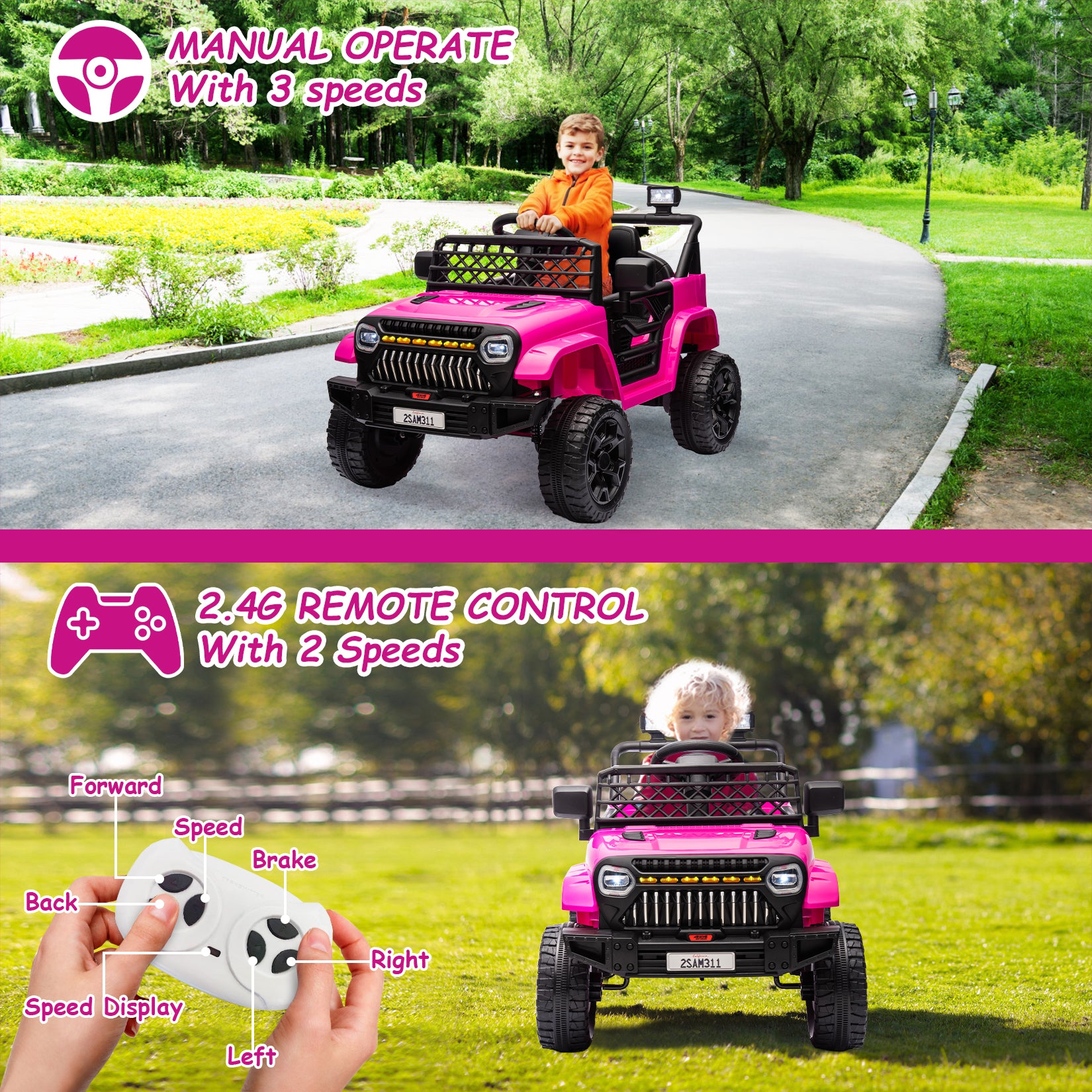 Garvee Ride - P Series: 12V Kids Ride On Truck for Toddles age 3+,with 2.4G Remote Control, Spring Suspension, Battery Display, LED Lights, Music, Battery Powered Ride on Car - Rose Red