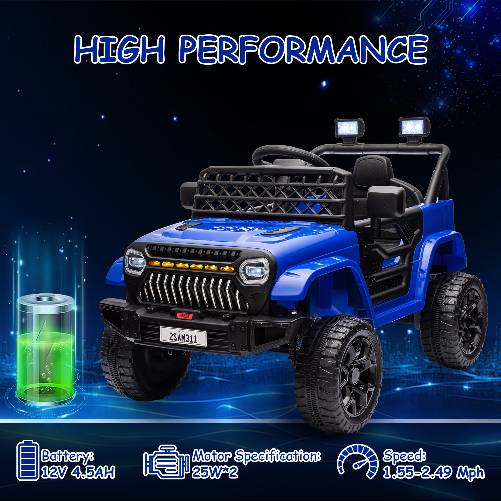 Garvee Ride - P Series: 12V Kids Ride On Truck for Toddles age 3+,with 2.4G Remote Control, Spring Suspension, Battery Display, LED Lights, Music, Battery Powered Ride on Car - Dark Blue