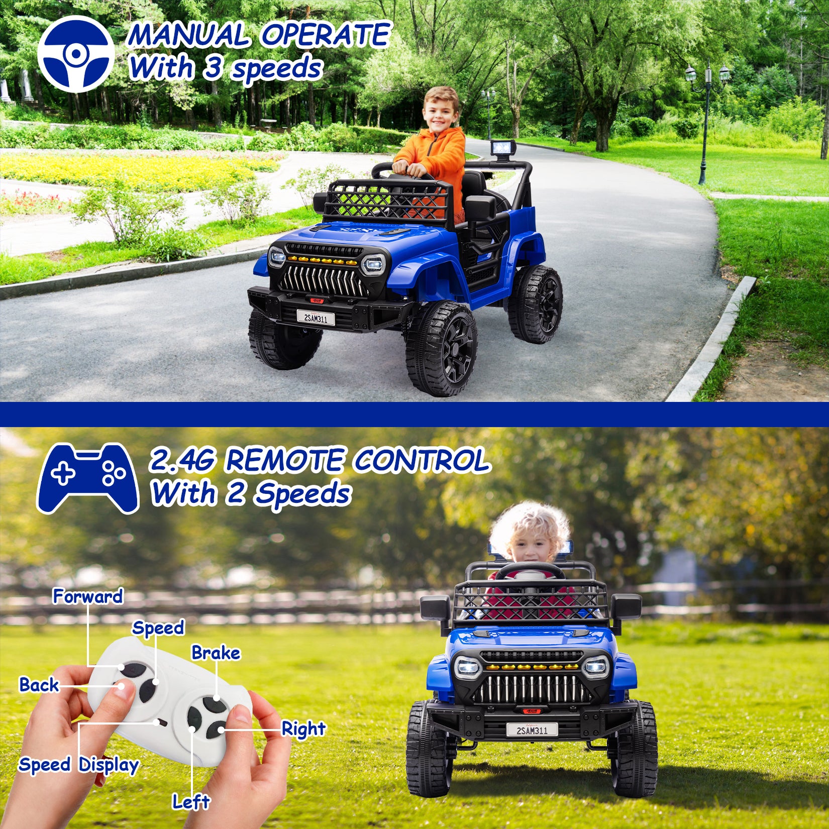 Garvee Ride - P Series: 12V Kids Ride On Truck for Toddles age 3+,with 2.4G Remote Control, Spring Suspension, Battery Display, LED Lights, Music, Battery Powered Ride on Car - Dark Blue