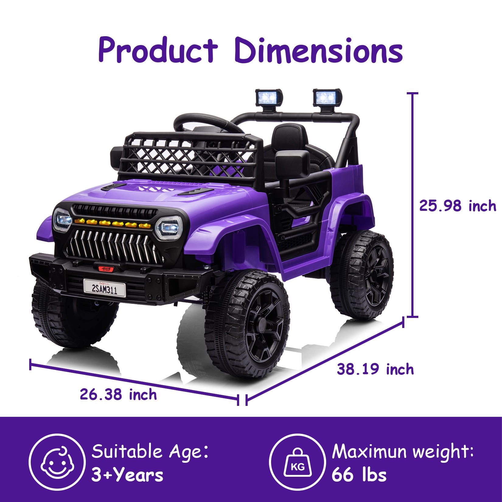 Garvee Ride - P Series: 12V Kids Ride On Truck for Toddles age 3+,with 2.4G Remote Control, Spring Suspension, Battery Display, LED Lights, Music, Battery Powered Ride on Car - Purple