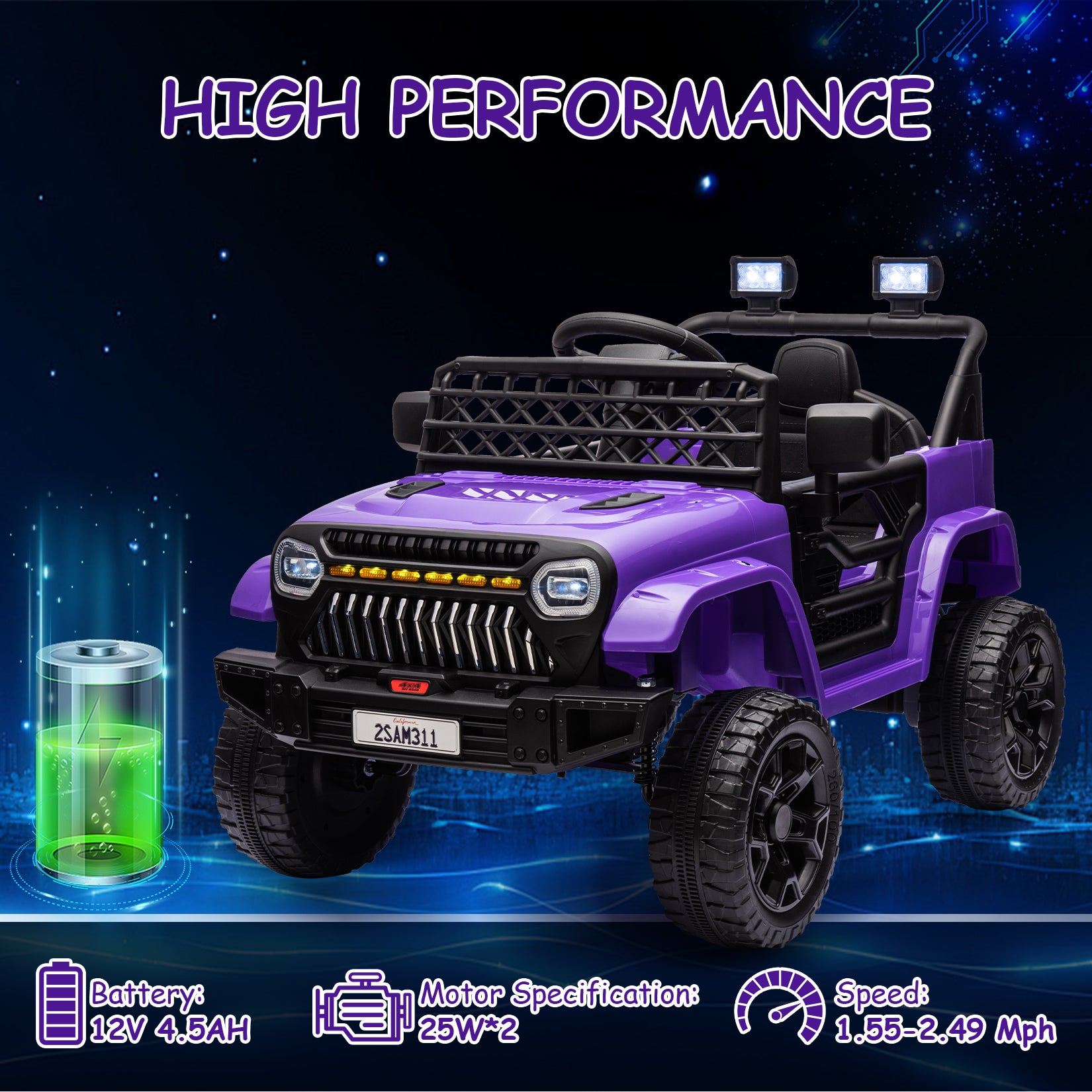 Garvee Ride - P Series: 12V Kids Ride On Truck for Toddles age 3+,with 2.4G Remote Control, Spring Suspension, Battery Display, LED Lights, Music, Battery Powered Ride on Car - Purple
