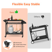 Garvee Outdoor Grill Cart, Pizza Oven Stand Table with Mesh Racks Dining Cart Table for Outside Patio, Movable Kitchen Cooking Prep Table BBQ Cart with Wheels for Home Party, Bar, Camping, Black