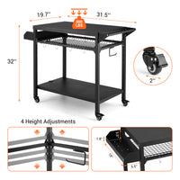 Garvee Outdoor Grill Cart, Pizza Oven Stand Table with Mesh Racks Dining Cart Table for Outside Patio, Movable Kitchen Cooking Prep Table BBQ Cart with Wheels for Home Party, Bar, Camping, Black